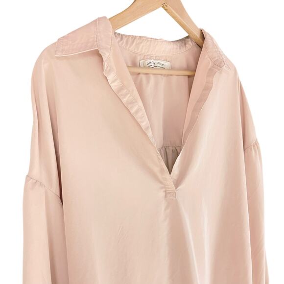 FREE PEOPLE WE THE FREE Love Until Tomorrow Poet Popover Blouse Pink Pearl Sz L - Picture 3 of 8